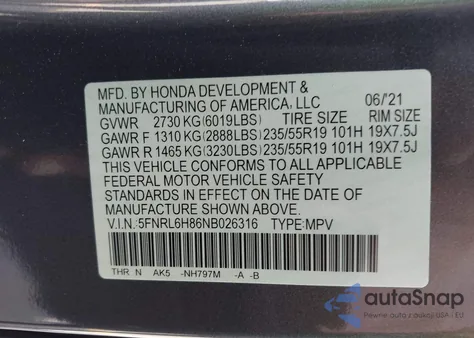 2022 Honda Odyssey Touring из США, поврежденный, VIN 5FNRL6H86NB026316